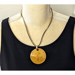 Chico’s Amber Orange Enamel Disc Pendant Necklace Bronze Tone 20"